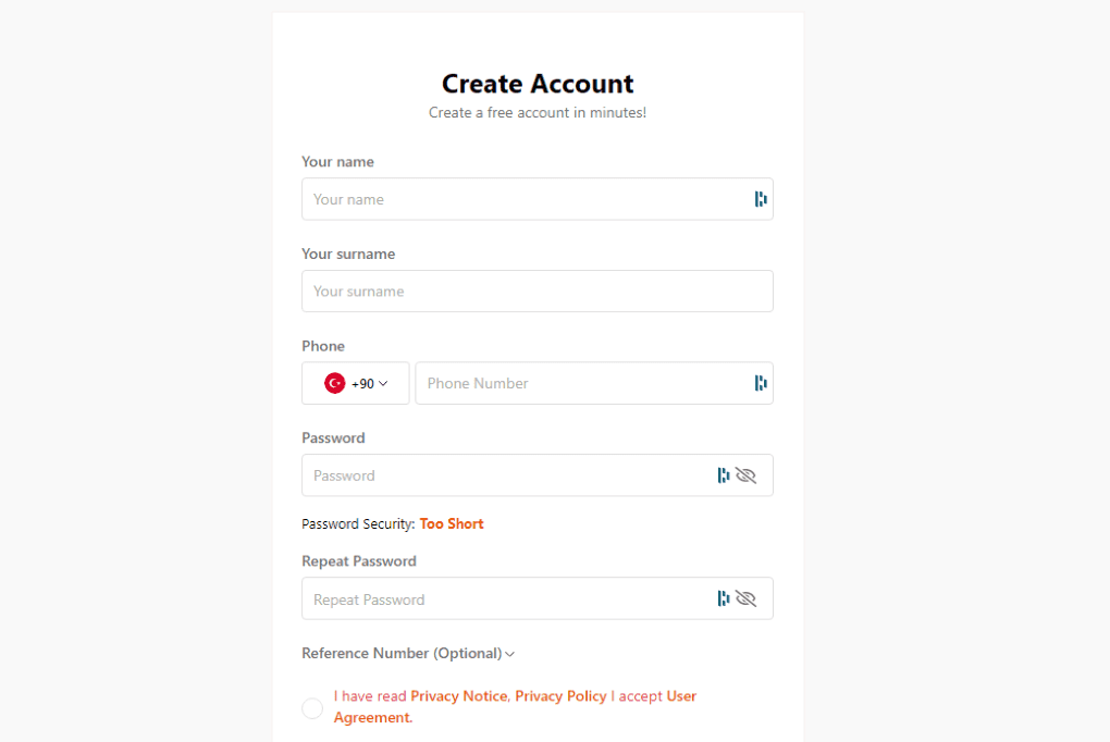 Bitci Sign up process