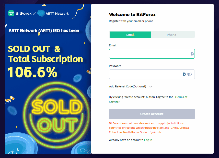 BitForex Sign up process