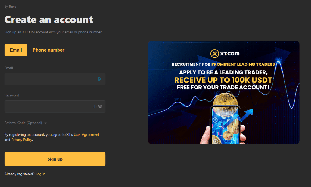 XT.com Sign up process