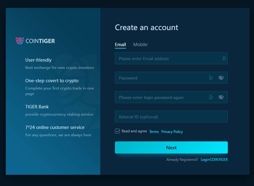 CoinTiger Sign up process