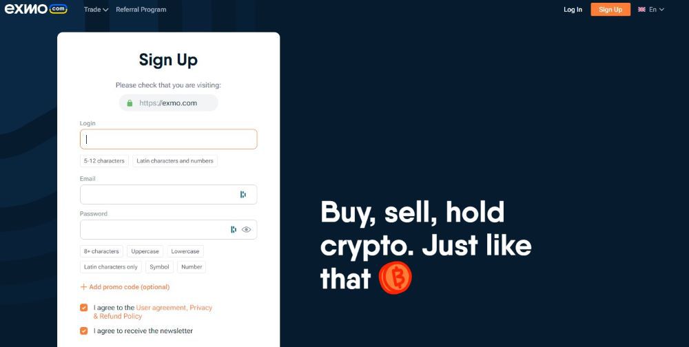 Exmo Sign Up Process