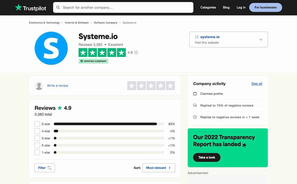 systeme.io trustpilot profile rating