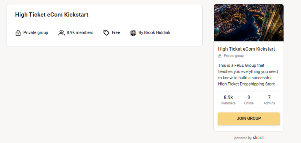 high ticket ecom kickstart skool community